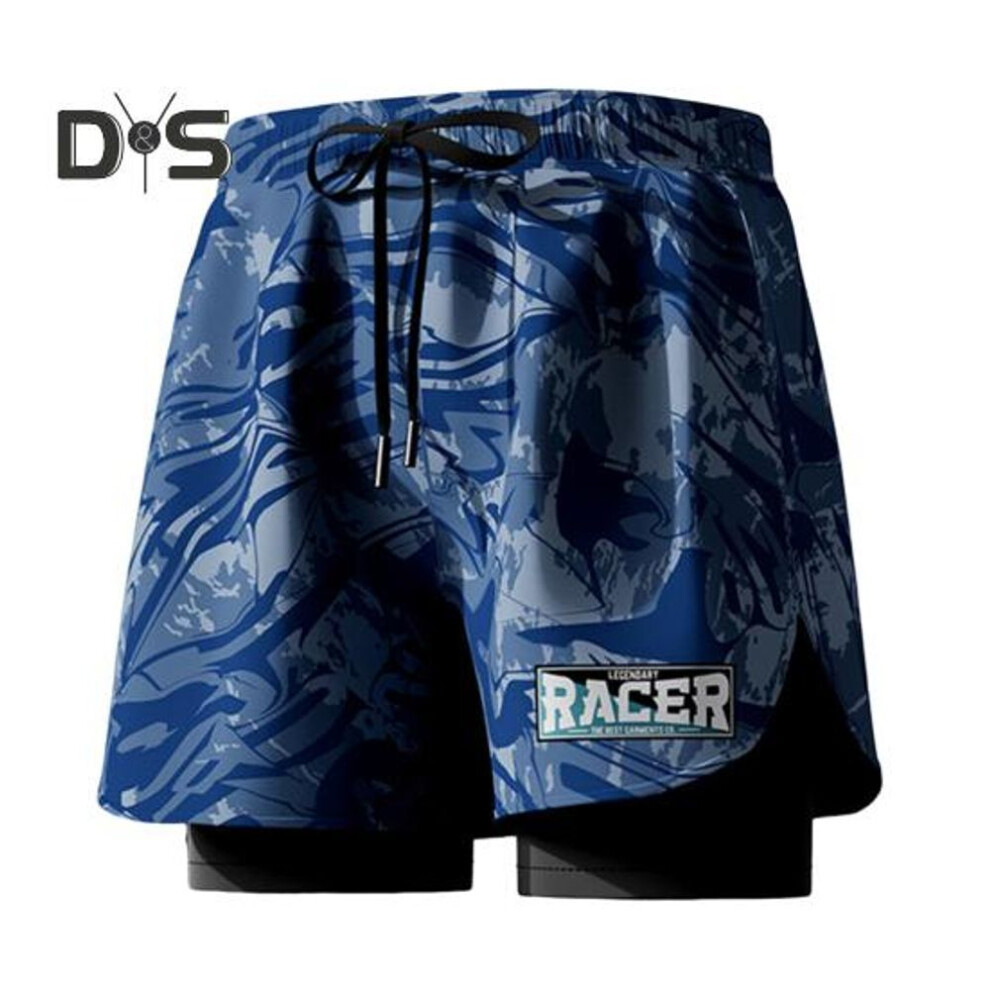 (dark blue, 4XL) Men Summer Swimming Trucks Elastic Waist Drawstring Printing Swimming Shorts With Supportive Compression Liner Pockets Printing Swimming Trucks