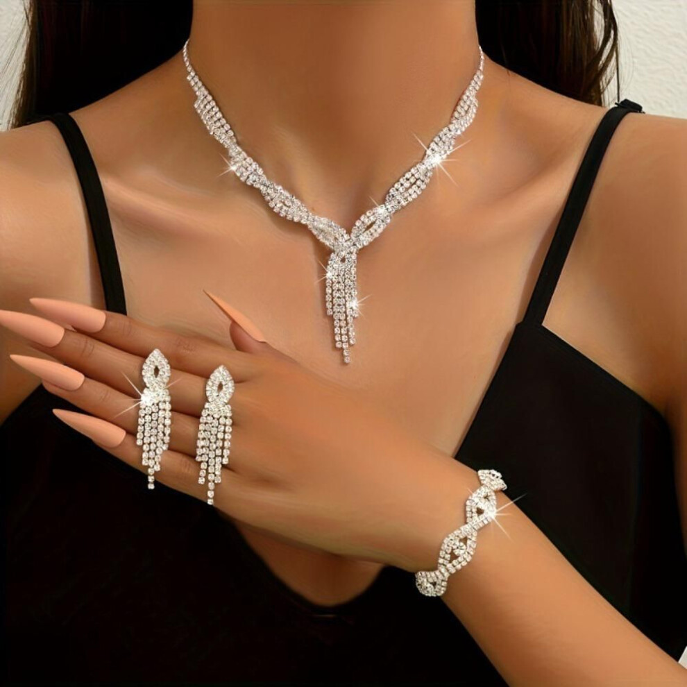 (Style B) Shiny Bridal Jewelry Set Rhinestones Wedding Jewelry Set Necklace Earring Bracelet Set  Banquet