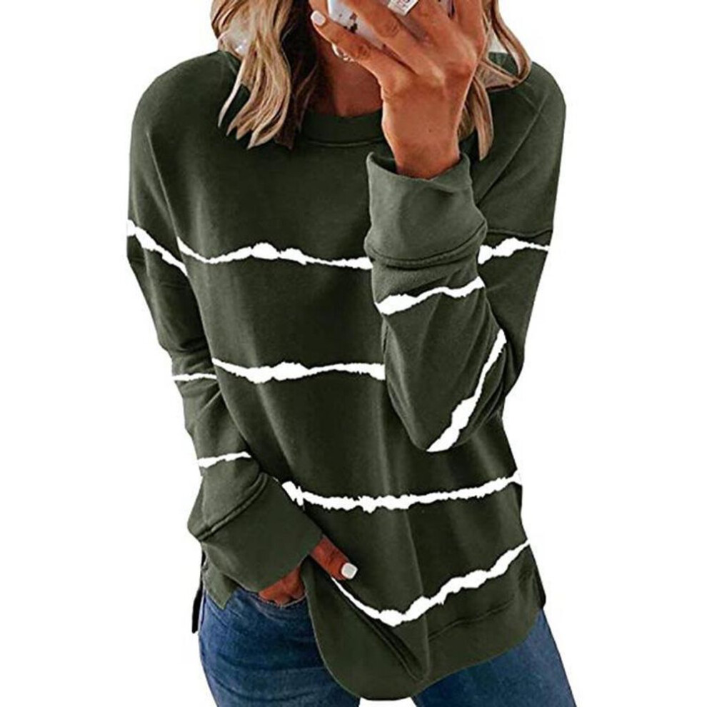 (5XL, green) Women's Autumn Striped Loose Long-Sleeve T-Shirt Sweater with Round Neck