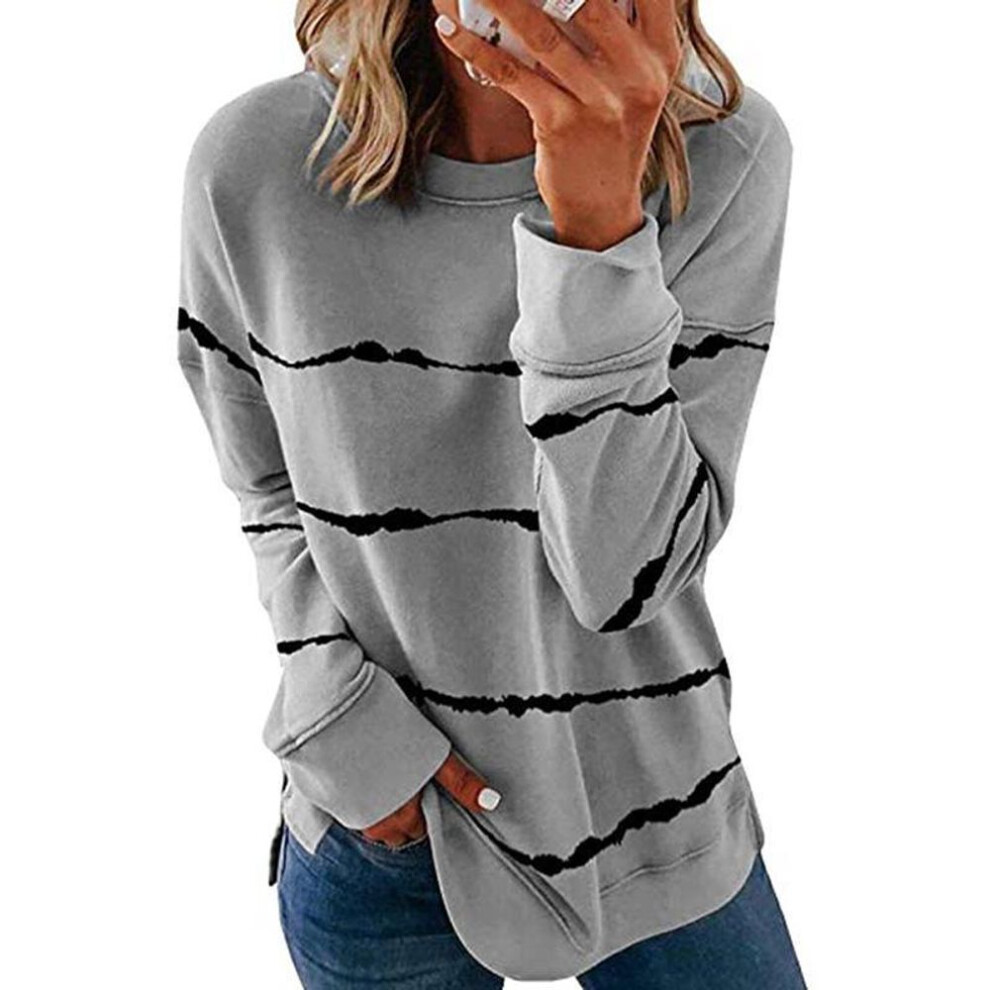 (4XL, light gray) Women's Autumn Striped Loose Long-Sleeve T-Shirt Sweater with Round Neck