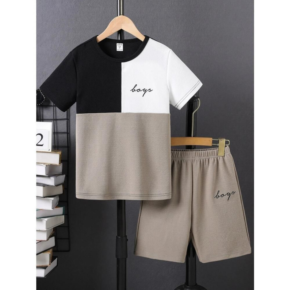 (as the picture, XL) New Two-piece Summer Kids Short-sleeved Suit Fashionable Splicing Color 3D Print Tops Boys Casual Sportswear Children's Clothes