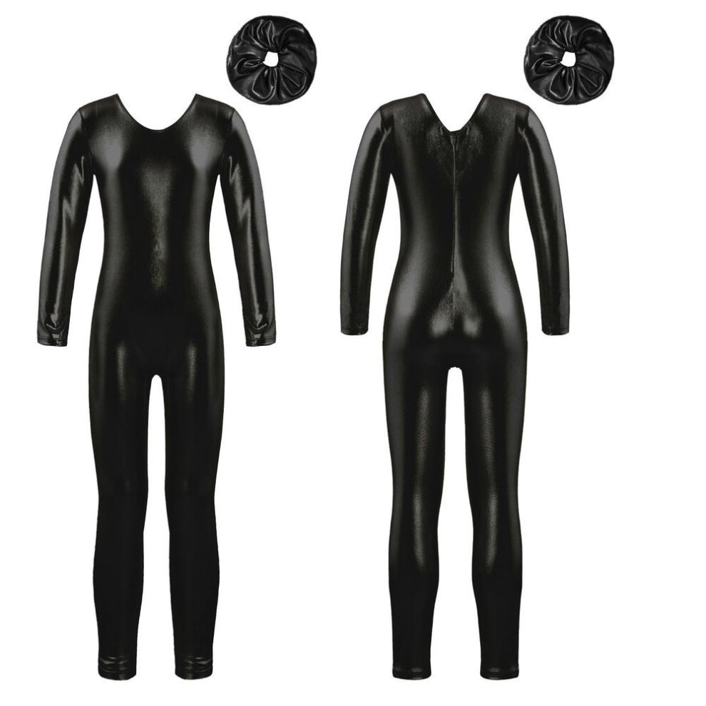 (black, 9-10 Years) Children Girls Shiny Metallic Long Sleeve Full Body Dance Leotard Bodysuit Gymnastics Unitard One Piece Jumpsuit
