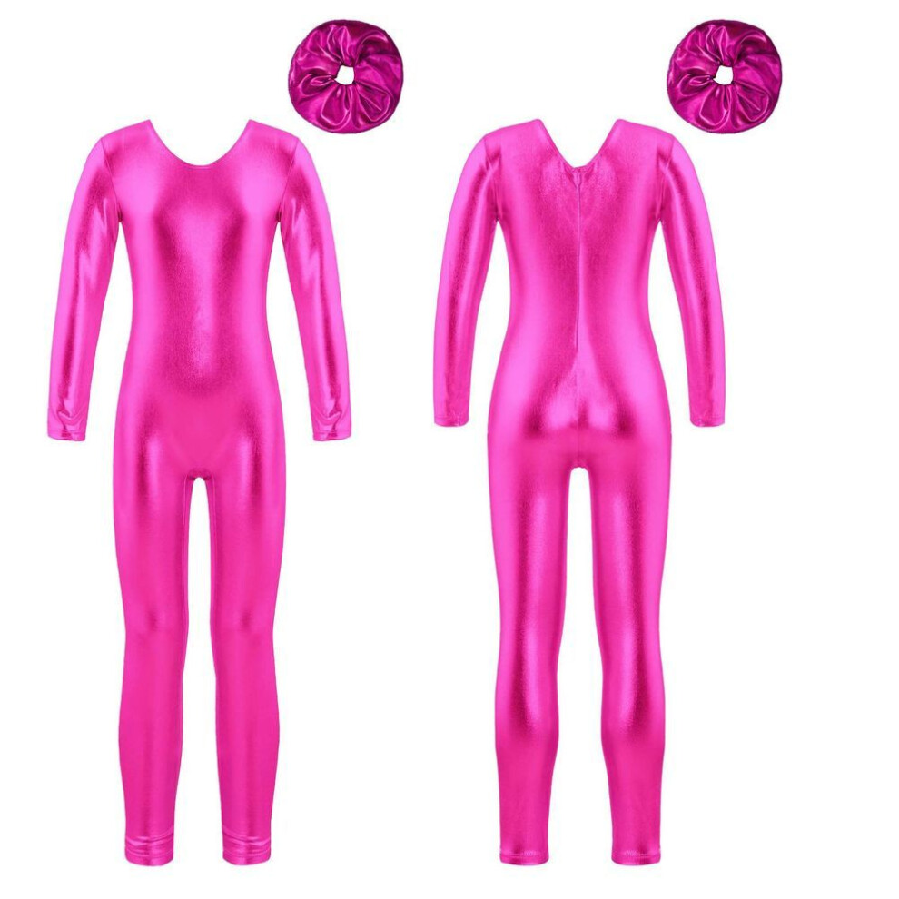 (hot pink, 11-12 Years) Children Girls Shiny Metallic Long Sleeve Full Body Dance Leotard Bodysuit Gymnastics Unitard One Piece Jumpsuit