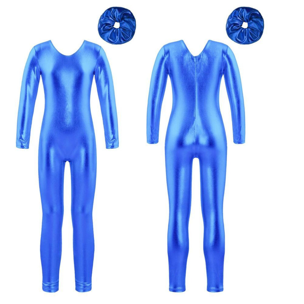 (royal blue, 13-14 Years) Kids Girl Metallic Jumpsuit Dance Set Long Sleeve Full Body Ballet Dance Bodysuit Gymnastics Skating Performance Leotard Costume