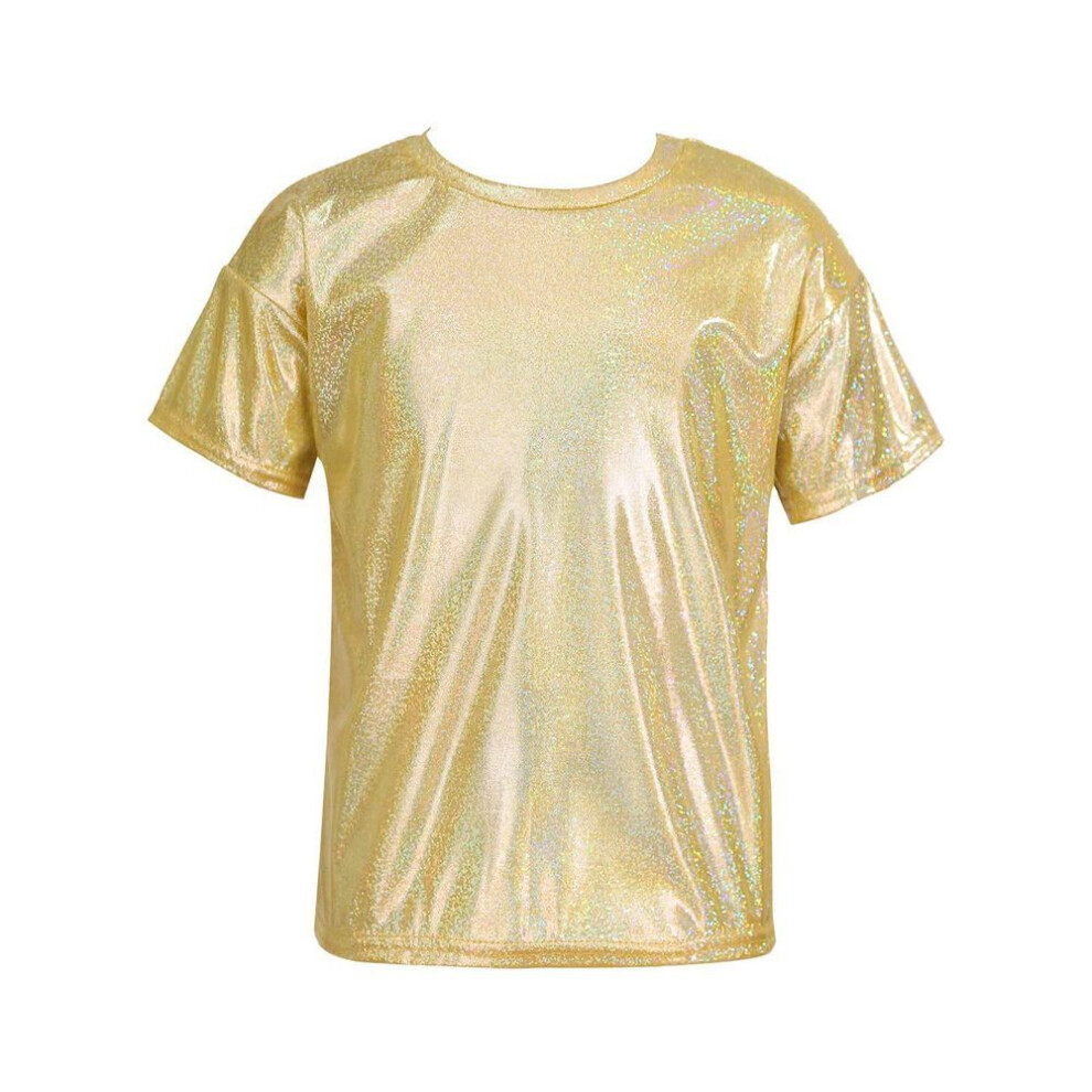(gold, 7-8 Years) Shiny Metallic Sparkly Short Sleeve Round Neck Blouse Top For Kids Unisex Boys And Girls