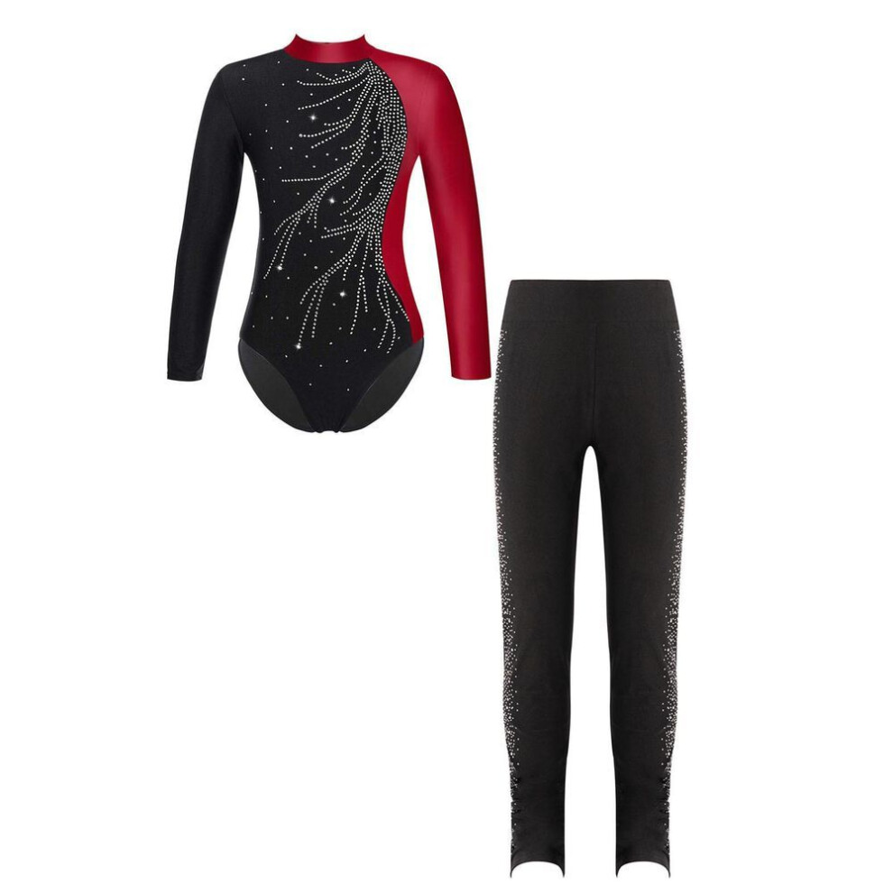 (burgundy,black, 7-8 Years) Kids Girls Long Sleeve Ballet Practice Dance Wear Gymnastics Leotard Ice Skating Competition Dance Costume With Trousers Outfit