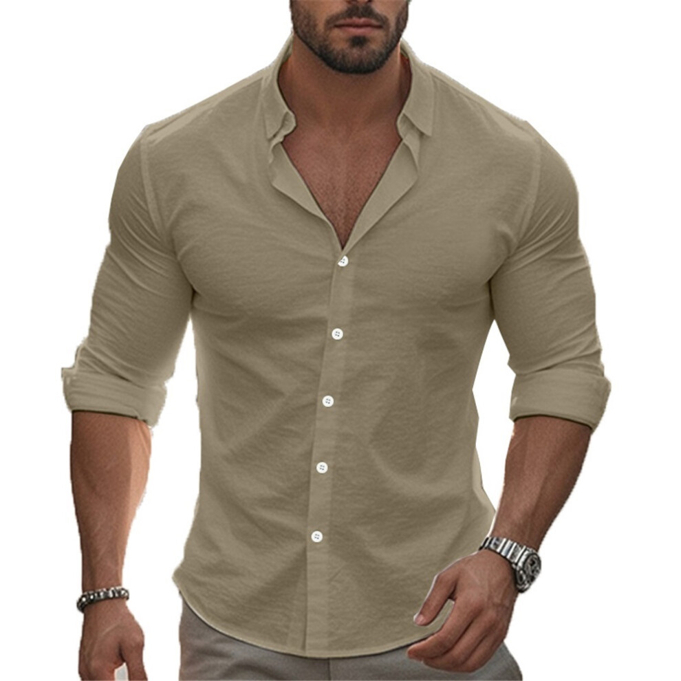 New Men's (Khaki, M) Shirts Long Sleeve Casual Non Iron Shirt Stretch Business Dress Shirts