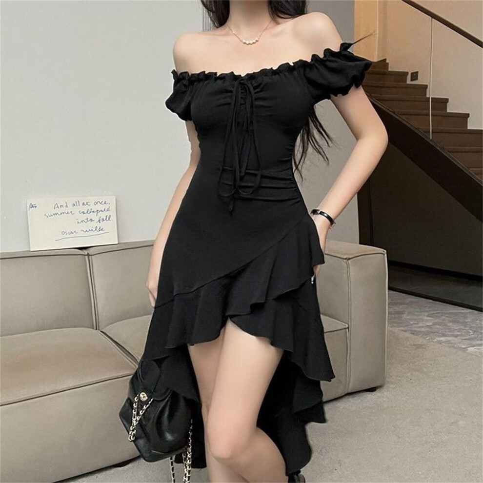 (black, L) Women Fashion Sexy Solid Color Sleeveless Casual Temperament Low Neck Dress