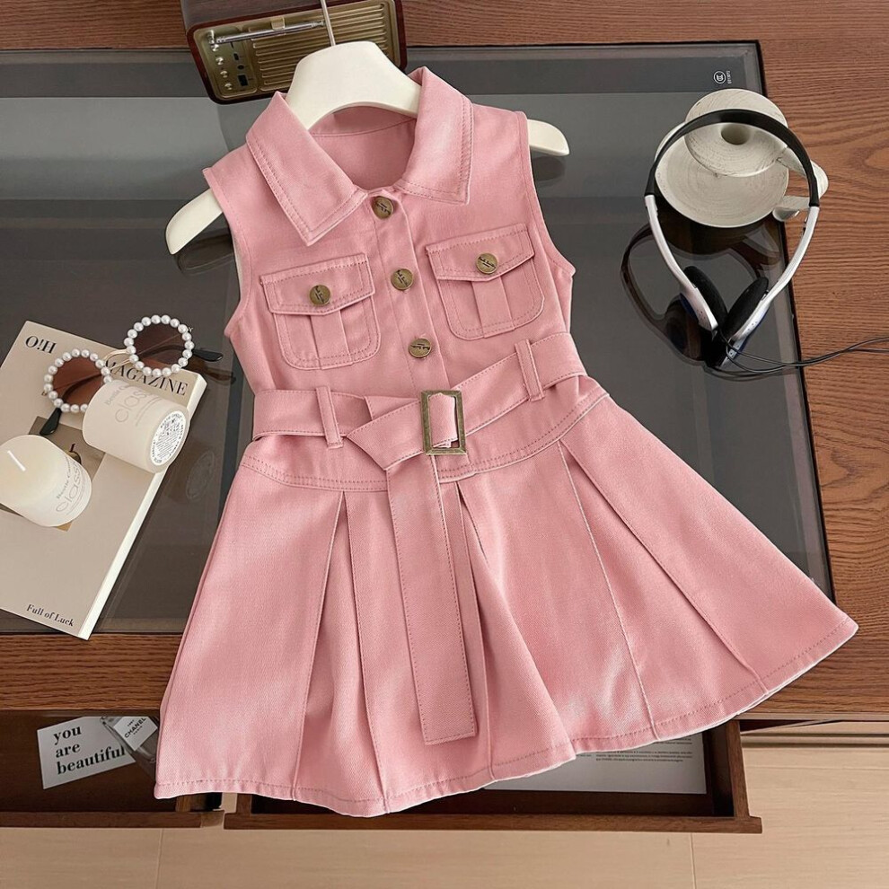 (pink, 110) Children Girls Fashion Sleeveless Denim Dress Summer Cool Baby Girls Casual Vest Dresses