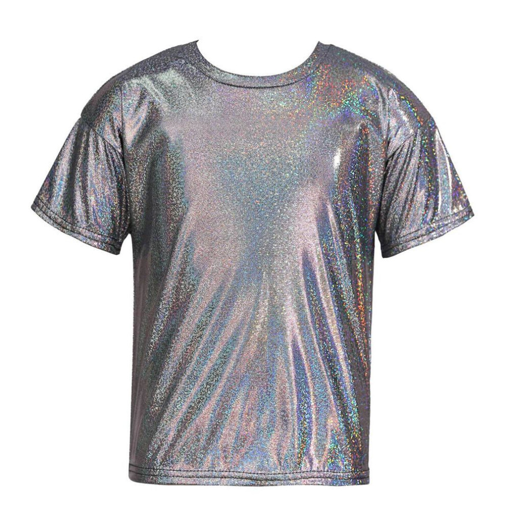 (black, 7-8 Years) Kids Unisex Girls Boys Casual Dance Clothing Short Sleeve Metallic Shiny Blouse Top