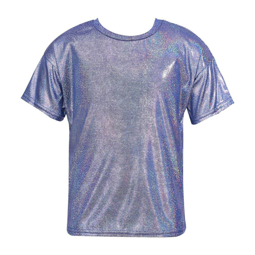 (royal blue, 14-16 Years) Kids Unisex Girls Boys Casual Dance Clothing Short Sleeve Metallic Shiny Blouse Top