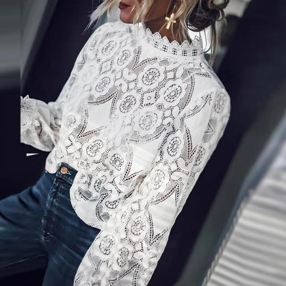 (5XL, white) VONDA Women Autumn Lace Stand Collar Hollow Long Sleeve Blouses