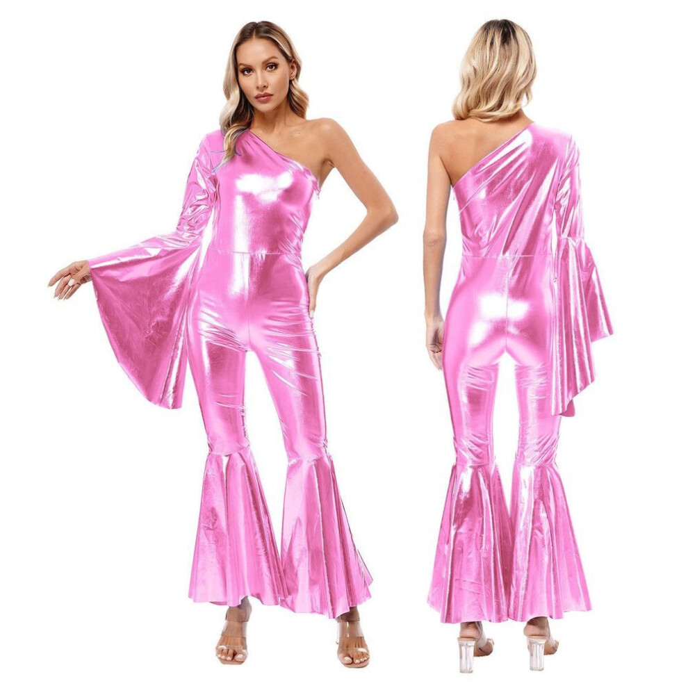 (M, pink) Womens Shiny Metallic Flare Sleeve Dance Unitard One Piece Bell-bottom Carnival Performance Bodysuit
