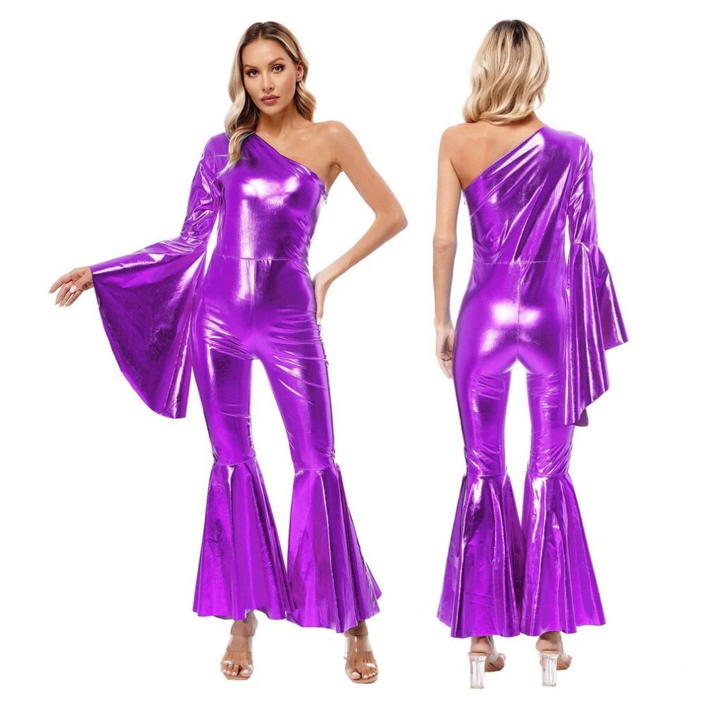 (3XL, purple) Womens Shiny Metallic Flare Sleeve Dance Unitard One Piece Bell-bottom Carnival Performance Bodysuit