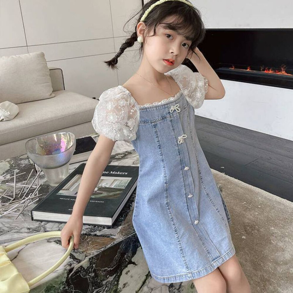 (blue, 100cm) Summer Children Girls' Beads Lace Sleeve Denim Dress Toddler Dresses