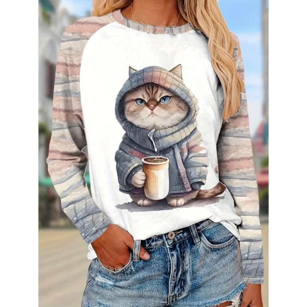 (3XL, as the picture) Spring-fall women's casual crewneck long-sleeved printed color-blocked T-shirt