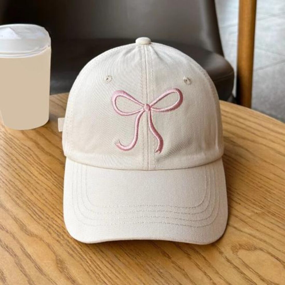 (beige) Baseball Hat Bow Embroidery Long Brim Adjustable Head Circumference Sunscreen Anti-UV Outdoor Sport Cap Summer Headwear for Hiking Traveling Shopping