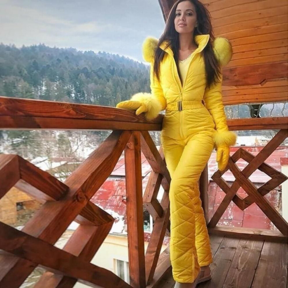 (XL, yellow) Winter Women's Ski Suit Sports Jumpsuit Zipper Warm Skiing Zipper Hooded Women Jumpsuit Outdoor Collar Jumpsuit