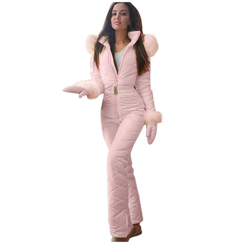 (XXXXL, pink) Winter Women's Ski Suit Sports Jumpsuit Zipper Warm Skiing Zipper Hooded Women Jumpsuit Outdoor Collar Jumpsuit