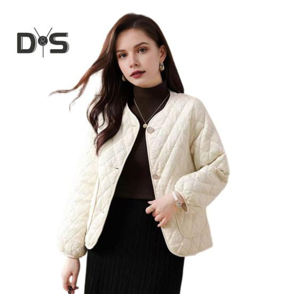 (white, XXL) Women Single-breasted Jacket Solid Color Rhombus Checkered Coat Autumn Winter Loose Imitation Silk Cotton Padded Jacket for Everyday Wear