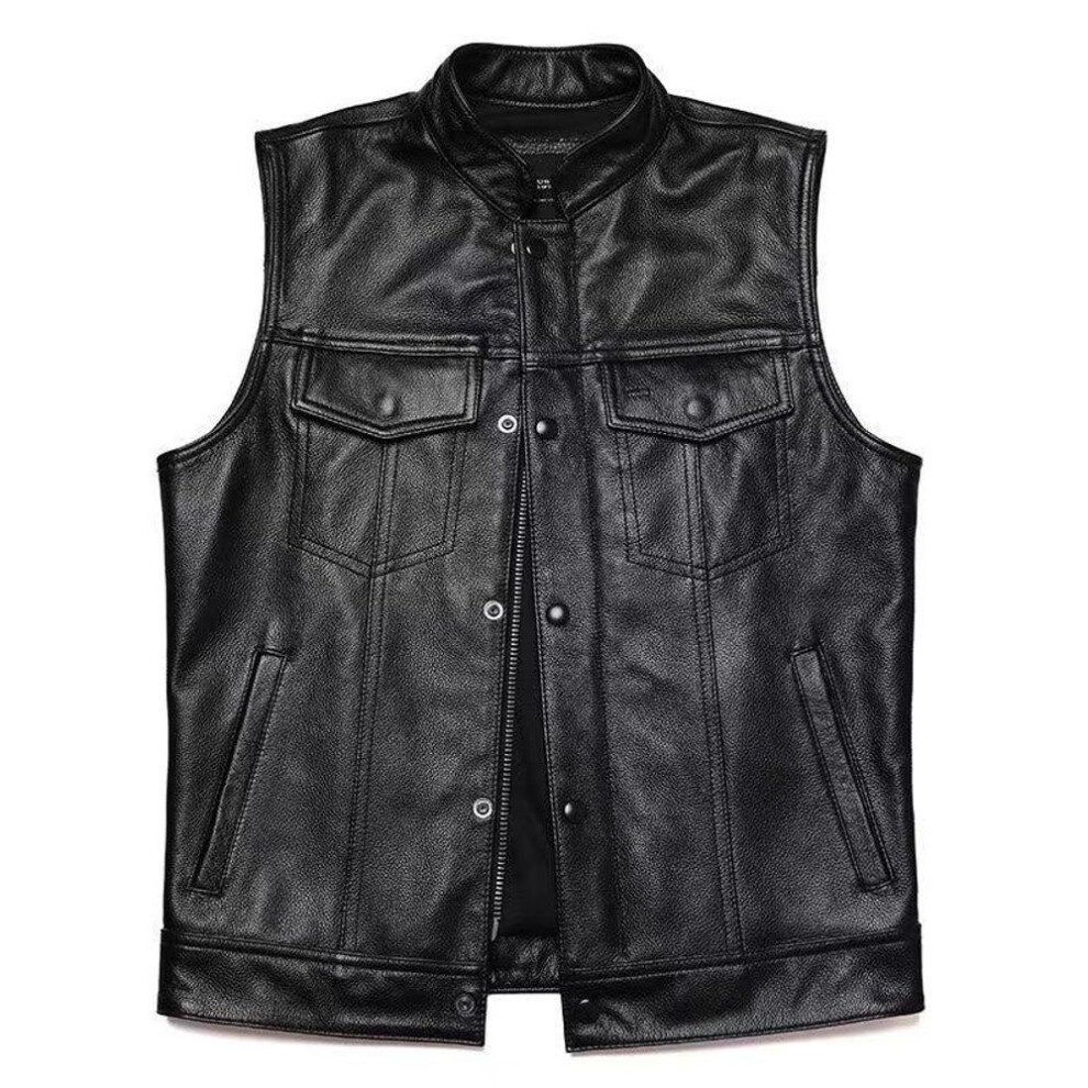 (S, black) Men's Faux Leather Waistcoat Classical Men Stand Collar Motorcycle Biker Leather Vest Stylish Clothing