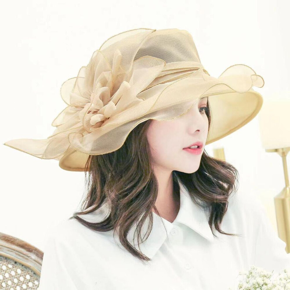 (warm yellow) Women's Retro Organza Mesh Sun Hat - Ideal For Summer, Beach, And Outdoor Activities