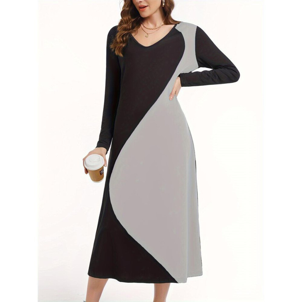 (grey, M) 2024 Trendy Color Block V-neck Long Sleeve Dress