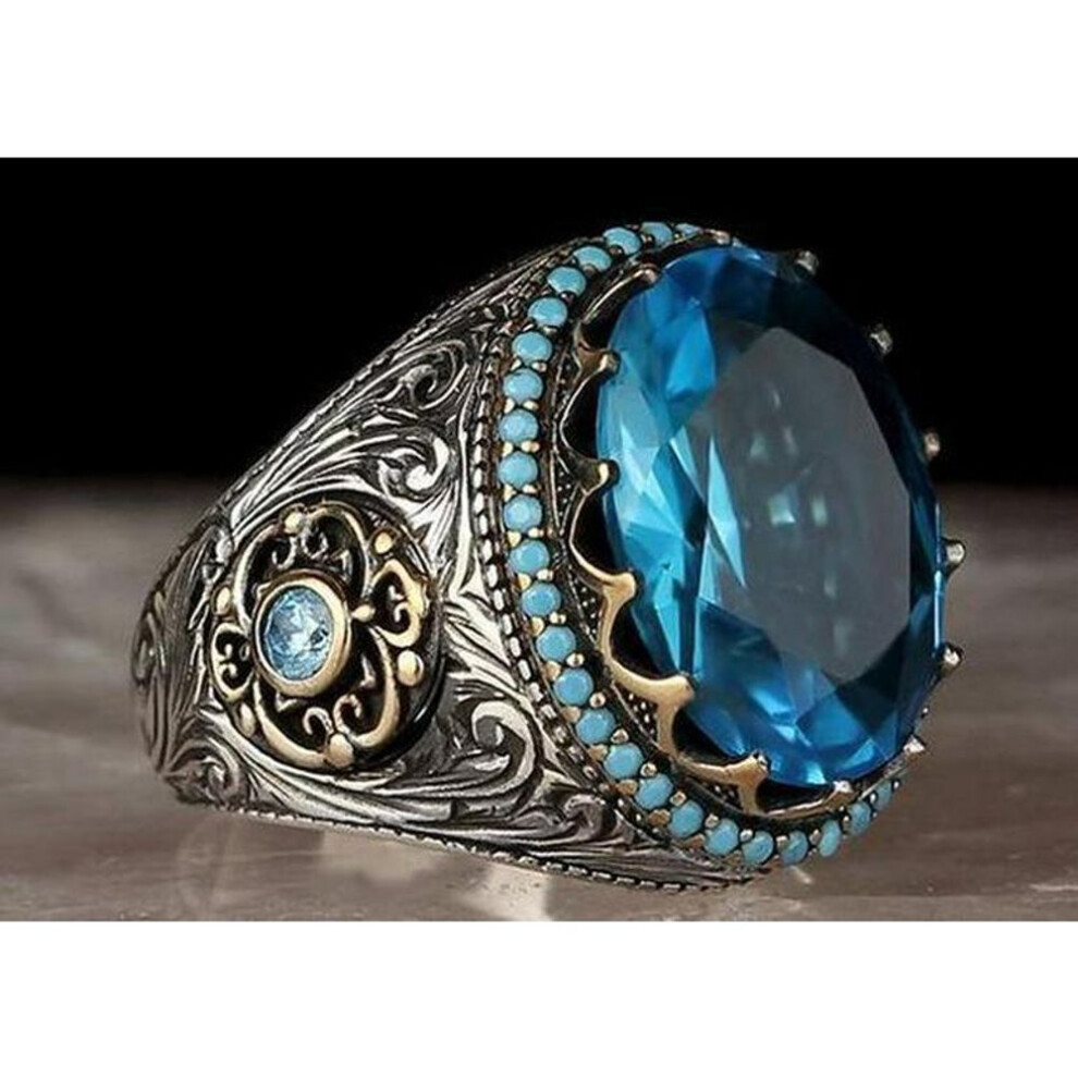 (blue, No.9) Hecheng Vintage Sea Blue Zircon Ring - European & American Fashion Retro Style