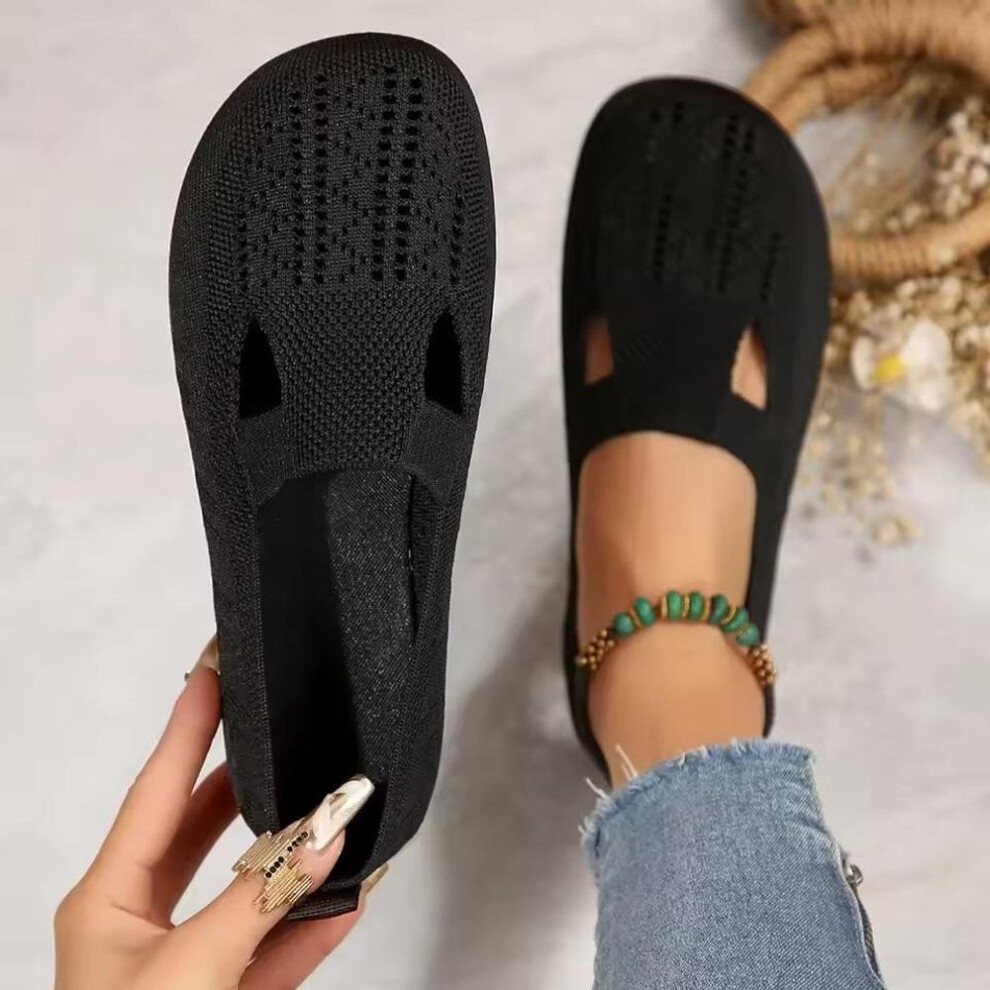 (black, 40) Loafers Autumn Casual Shoes Women Flat Heel Square Toe Hollow-out Sneakers Barefoot Shoes Moccasin Female Knitted Flats