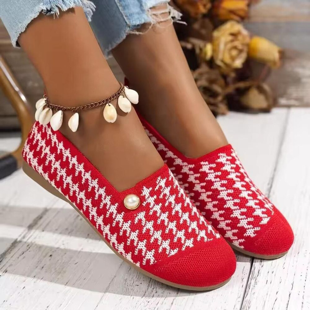 (red, 36) Round Toe Ballet Women's Slip-on Shoes 2025 Spring and Autumn Casual Knitted Breathable and Convenient One-leg Low-top Shoes