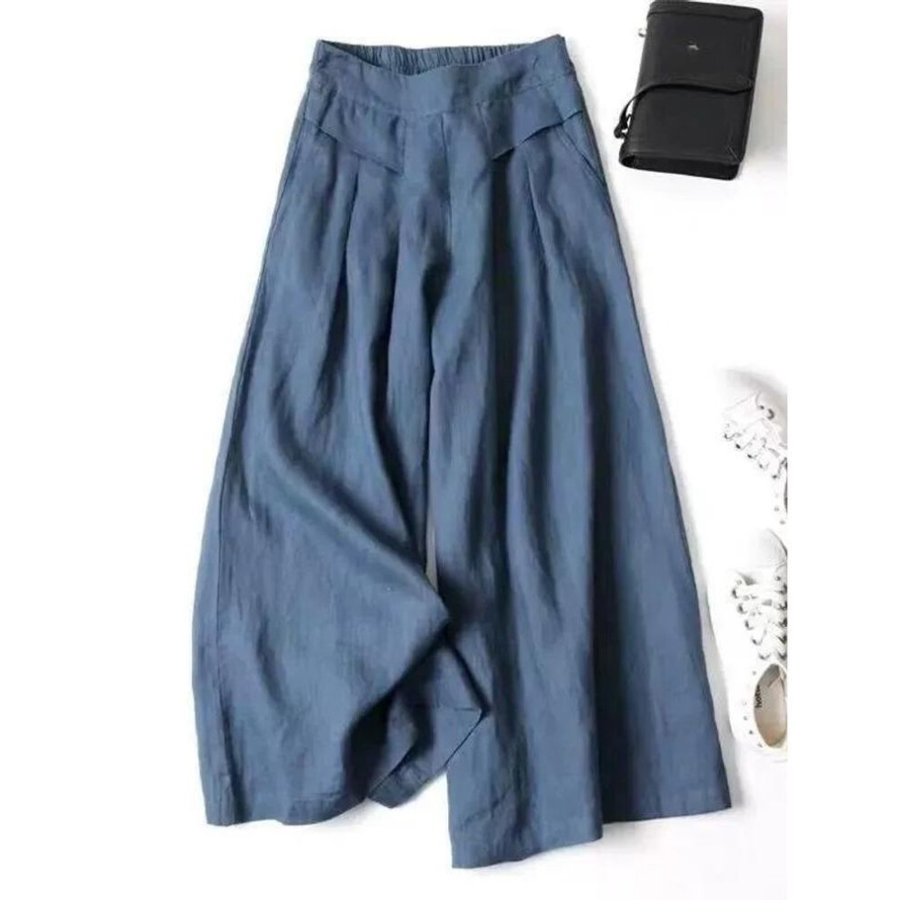 (navy blue, M) Cotton and Linen Wide Leg Pants for Spring and Summer Women, Semi Elastic Mid Waist Thin Linen Cropped Pants