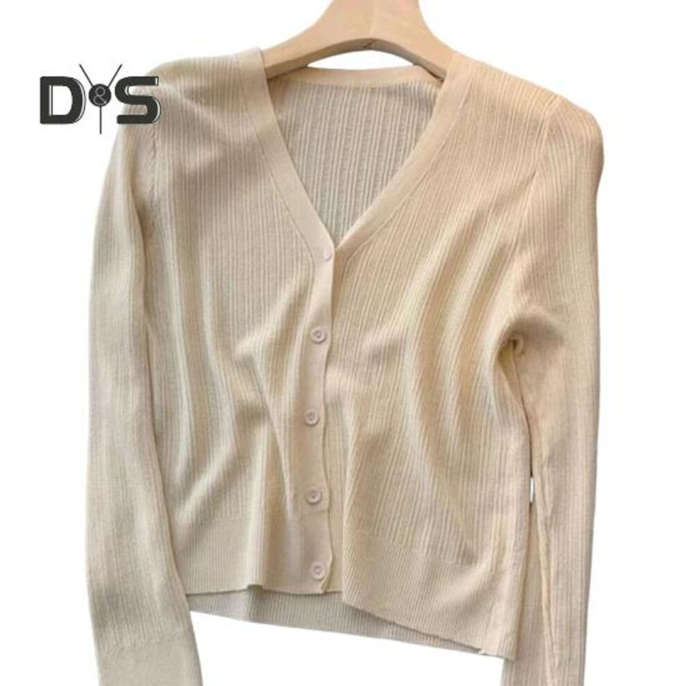 (apricot) Sun Knit Cardigan for Women Long Sleeve V-Neck Button Up Thin Ice Silk Coat Summer Ribbed Cropped Top for Outdoor Travel Work Beach