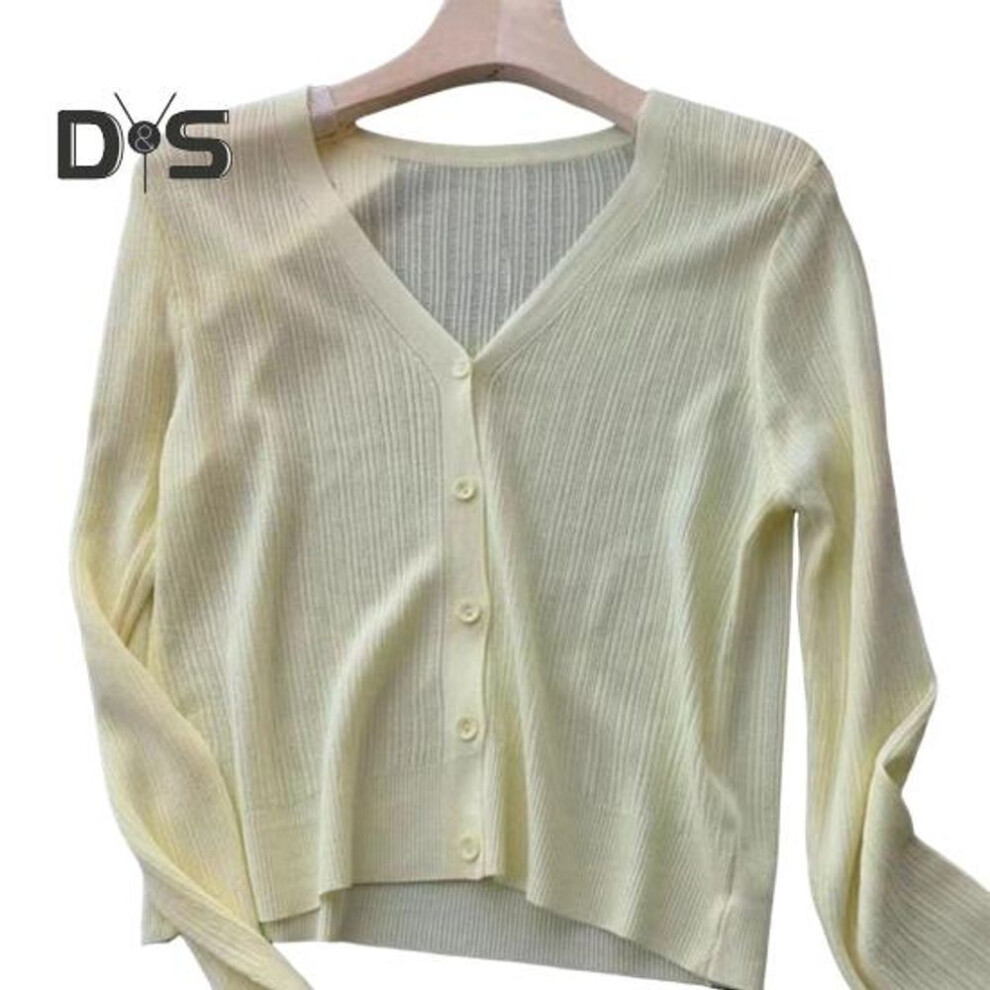 (yellow) Sun Knit Cardigan for Women Long Sleeve V-Neck Button Up Thin Ice Silk Coat Summer Ribbed Cropped Top for Outdoor Travel Work Beach