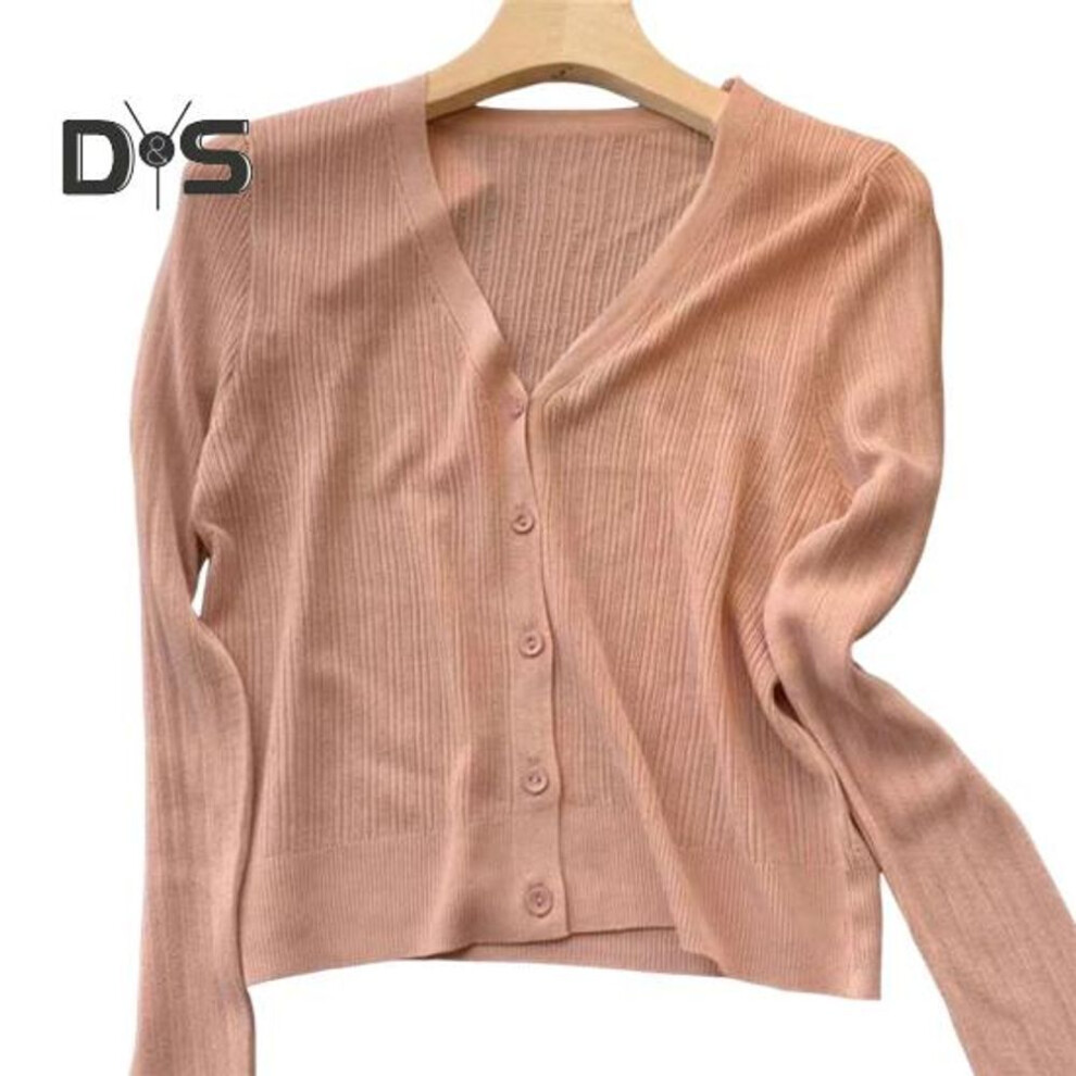 (pink) Sun Knit Cardigan For Women Long Sleeve V-neck Button Up Thin Ice Silk Coat Summer Ribbed Cropped Top For Outdoor Travel Work Beach