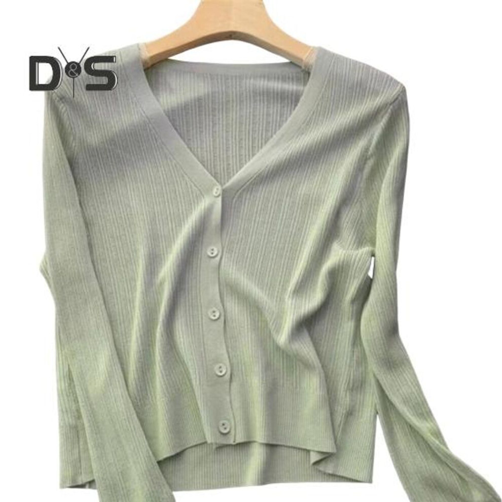 (green) Sun Knit Cardigan for Women Long Sleeve V-Neck Button Up Thin Ice Silk Coat Summer Ribbed Cropped Top for Outdoor Travel Work Beach