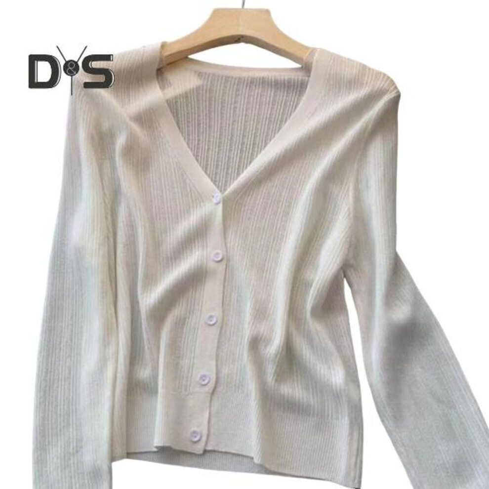 (white) Sun Knit Cardigan for Women Long Sleeve V-Neck Button Up Thin Ice Silk Coat Summer Ribbed Cropped Top for Outdoor Travel Work Beach