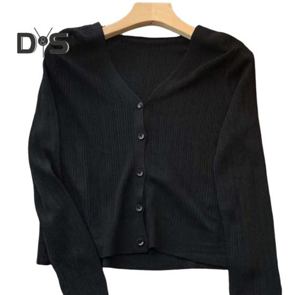 (black) Sun Knit Cardigan For Women Long Sleeve V-neck Button Up Thin Ice Silk Coat Summer Ribbed Cropped Top For Outdoor Travel Work Beach