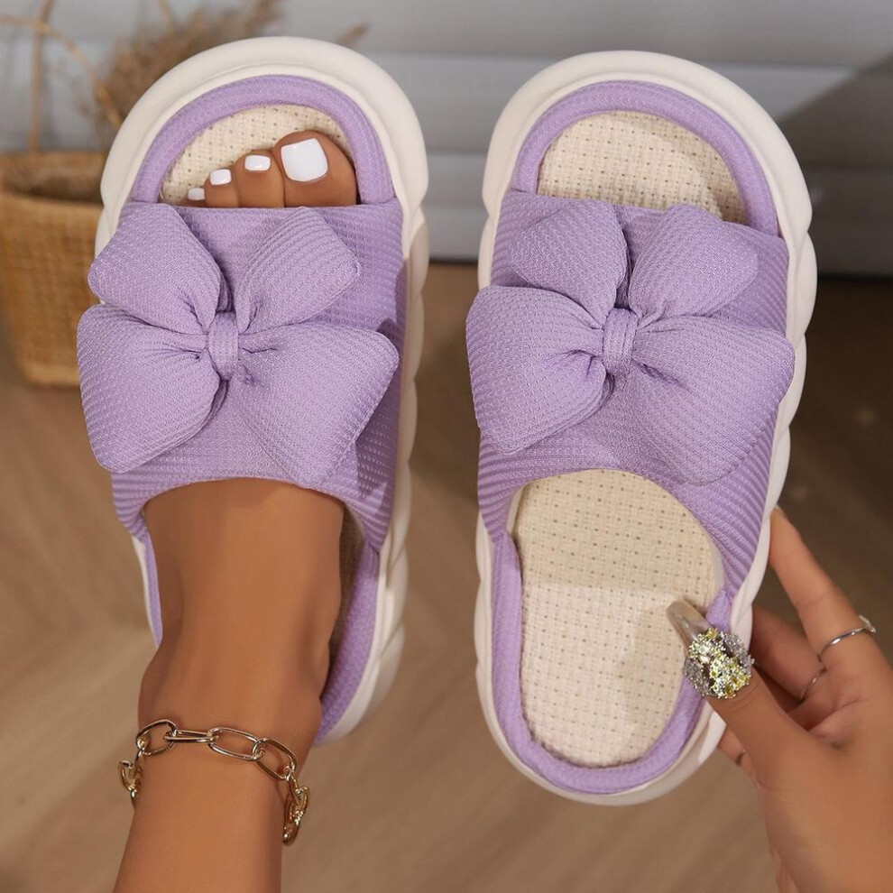 (purple, 40-41) 3D Bow Linen Slippers: Non-slip, Thick-sole, Deodorant Indoor Sandals