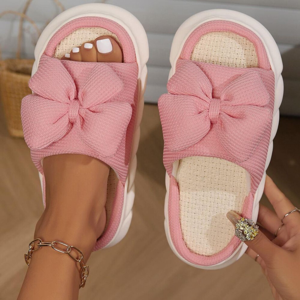 (pink, 44-45) 3D Bow Linen Slippers: Non-slip, Thick-sole, Deodorant Indoor Sandals