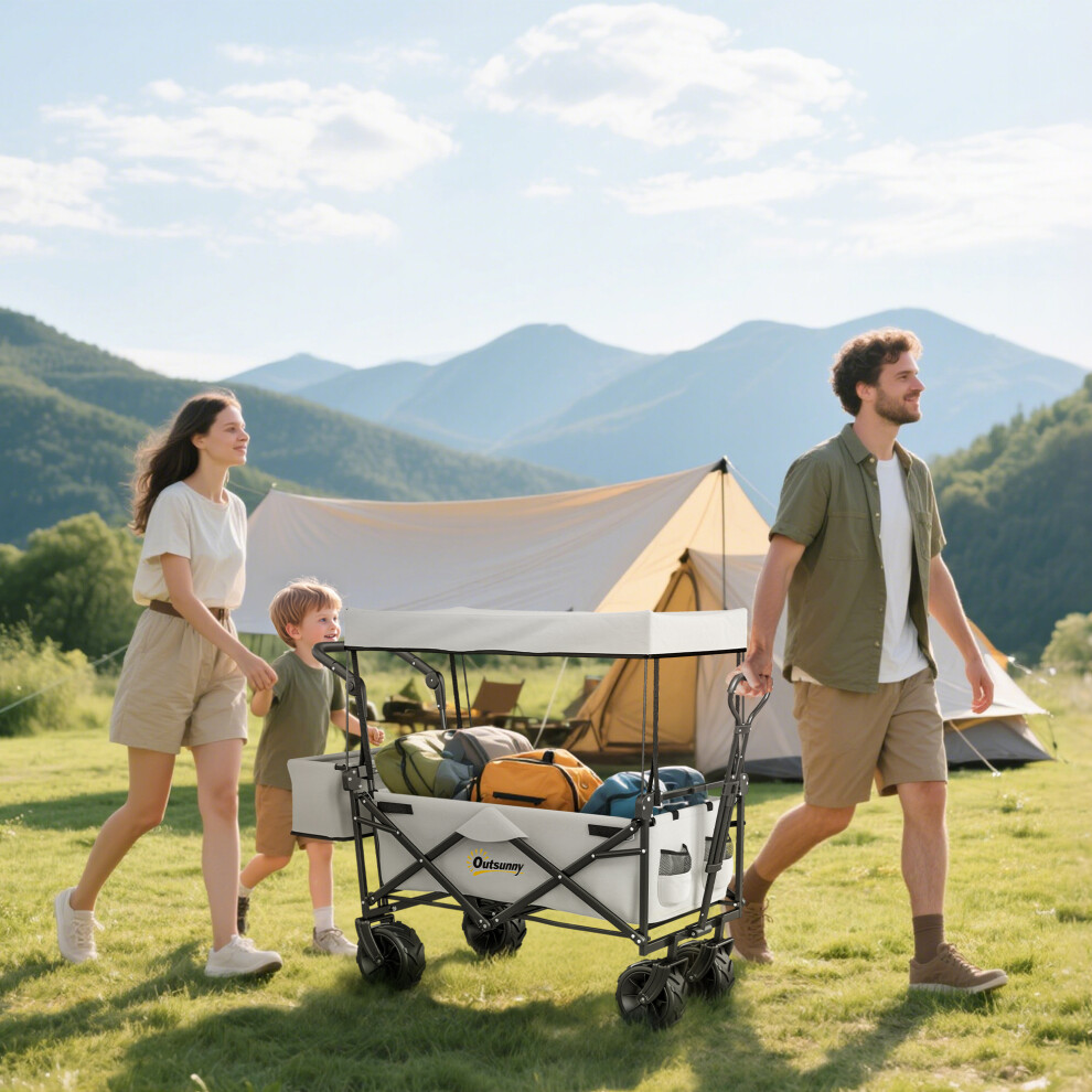 Outsunny Outdoor Push Pull Wagon Stroller Cart W/ Canopy Top Grey