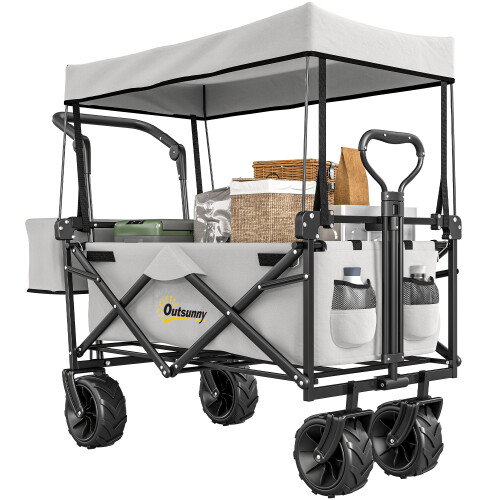 Outsunny Outsunny Outdoor Push Pull Wagon Stroller Cart w/ Canopy Top Grey 1