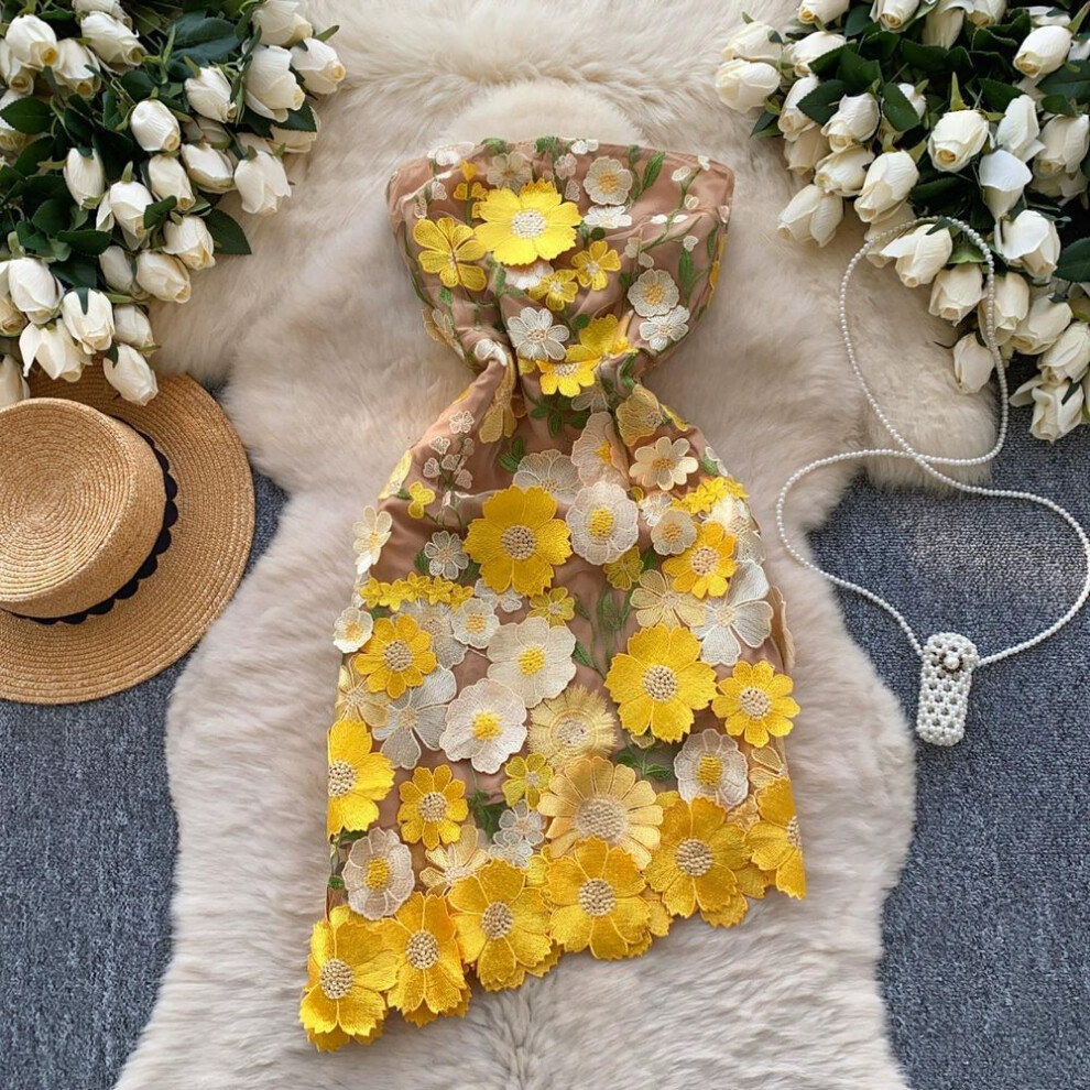 (yellow, S) Summer Women Sexy Strapless Luxury Embroidery Flower Mesh Mini Short Evening Party Dresses