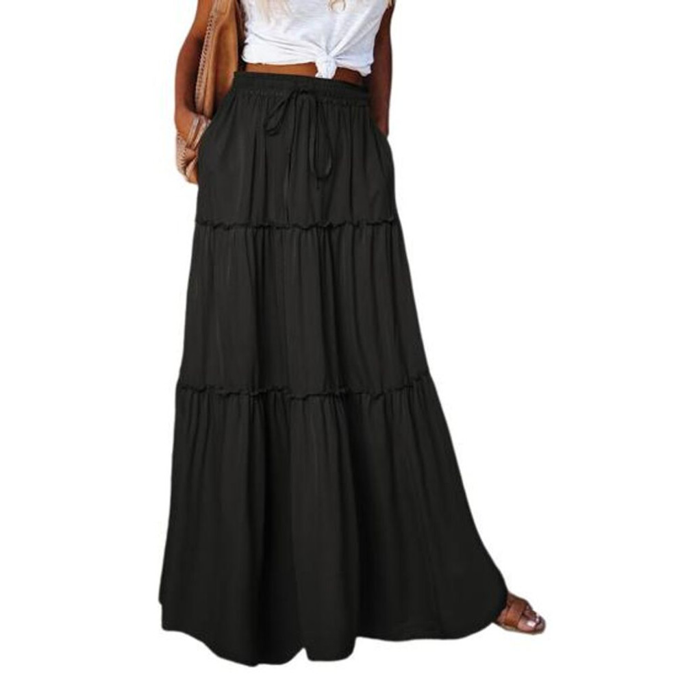 (M, black) Women Summer Boho Skirts High Waist Elastic Waistband Pleated Long Skirts Solid Color Boho Maxi Skirts Ruffle A-line Skirts