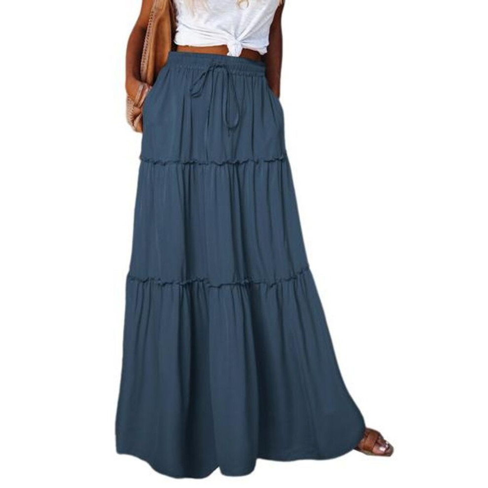 (XL, blue) Women Summer Boho Skirts High Waist Elastic Waistband Pleated Long Skirts Solid Color Boho Maxi Skirts Ruffle A-line Skirts