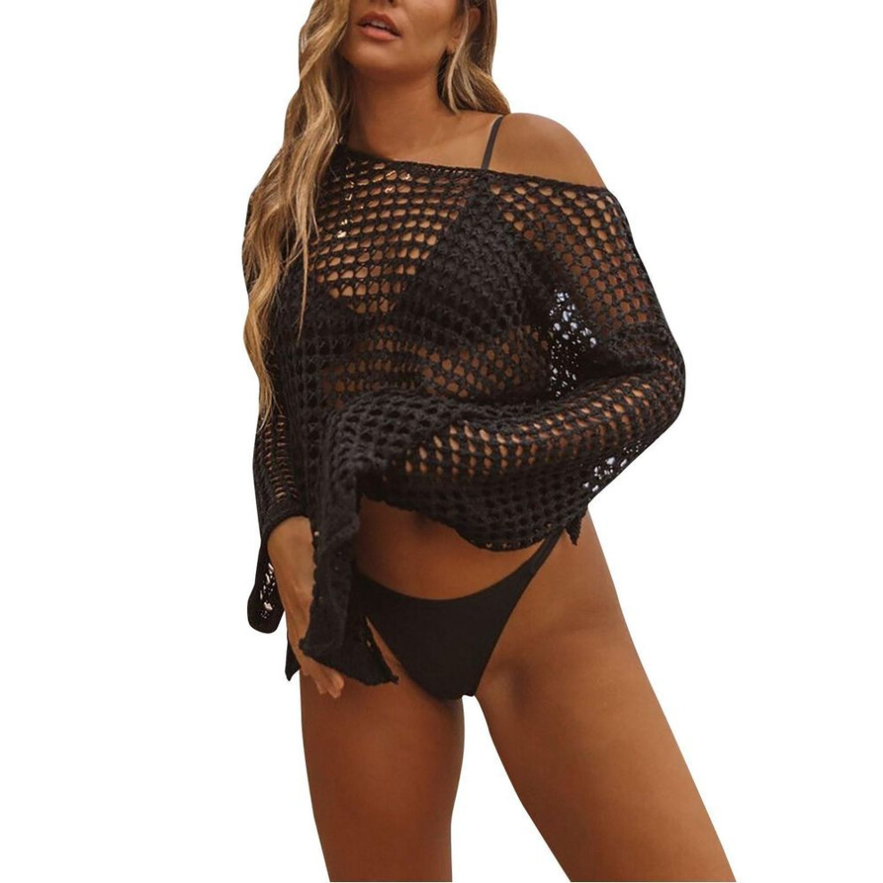 (S, black) New Bikini Top With Mesh Hollow Out Knit Swimsuit Beach Knit