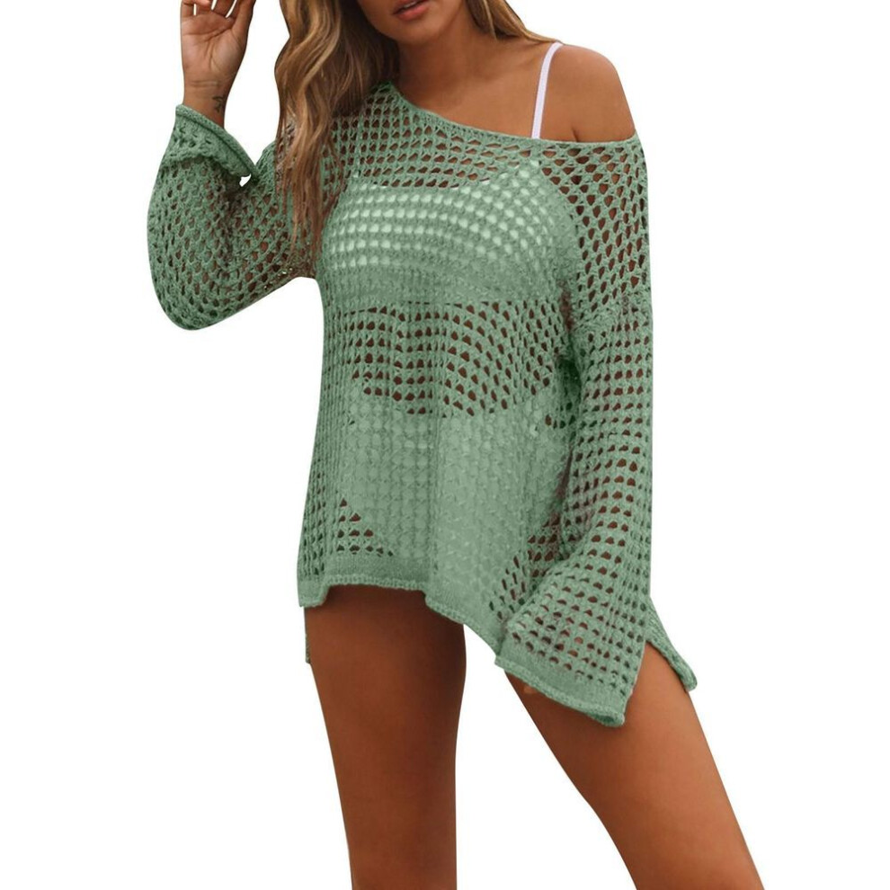 (L, light green) New Bikini Top With Mesh Hollow Out Knit Swimsuit Beach Knit