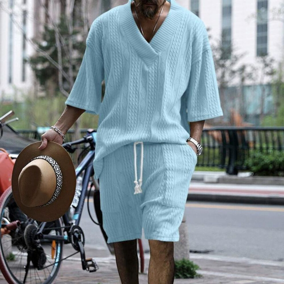 (blue, XL) Summer Casual Shorts Set Knitted Two Piece Men's Clothing V-Neck Short Sleeve T-shirt and Shorts Streetwear Knit Outfits