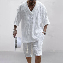 (white, L) Summer Casual Shorts Set Knitted Two Piece Men's Clothing V-Neck Short Sleeve T-shirt and Shorts Streetwear Knit Outfits