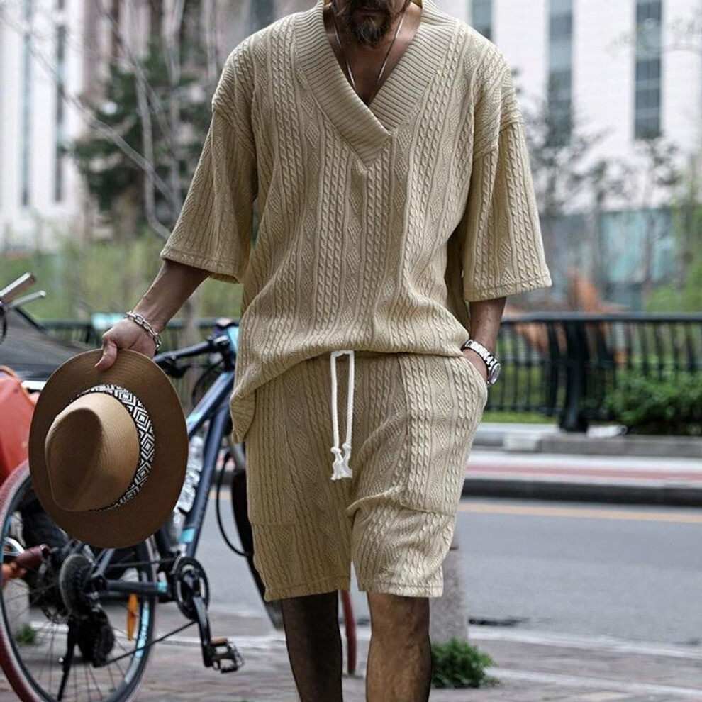 (khaki, XXL) Summer Casual Shorts Set Knitted Two Piece Men's Clothing V-Neck Short Sleeve T-shirt and Shorts Streetwear Knit Outfits