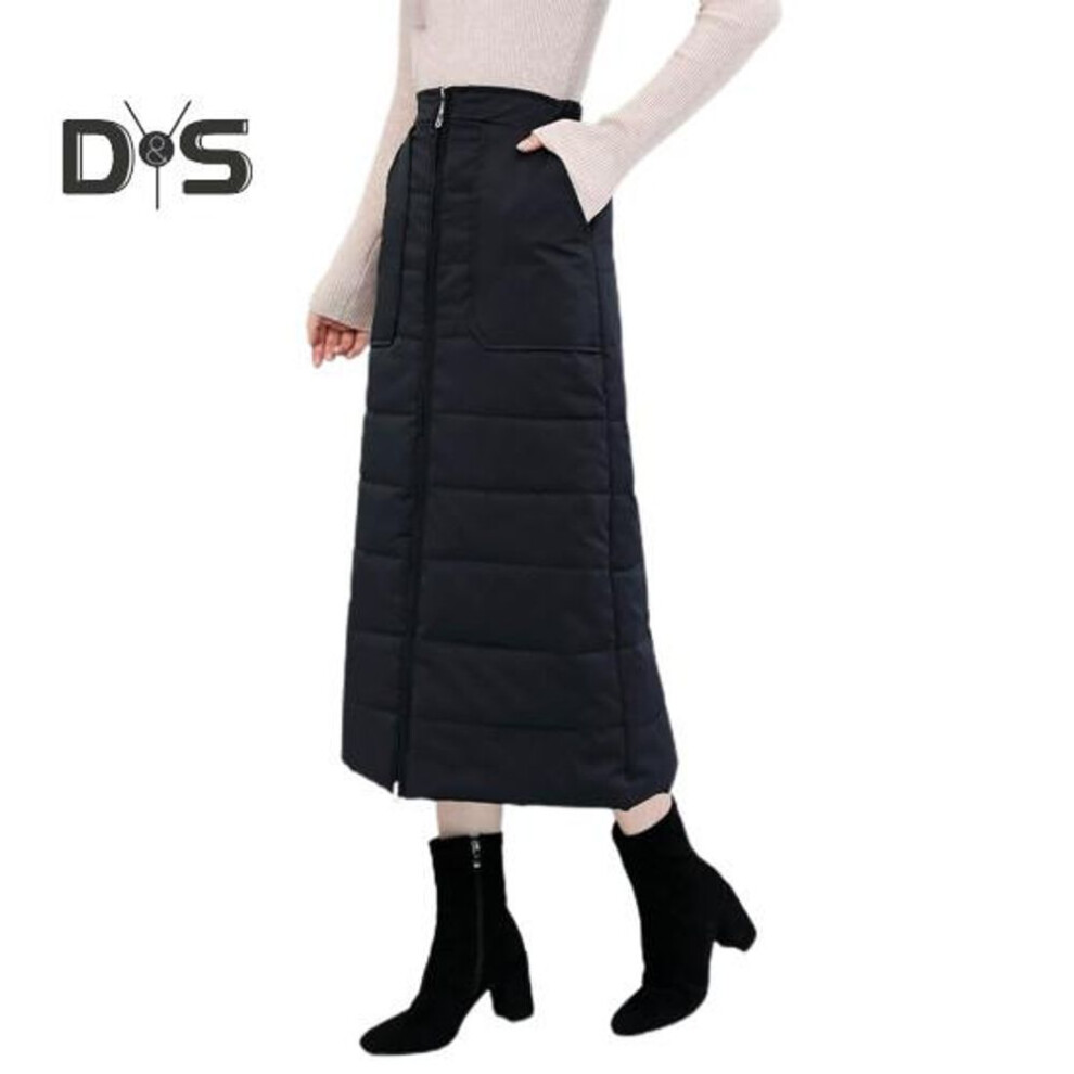 (XL, black) Winter Women Skirt Thick Padded High Waist Zipper Closure Solid Color Pockets Soft Windproof Cold Resistant Ankle Length Lady Down Skirt Maxi Skirt